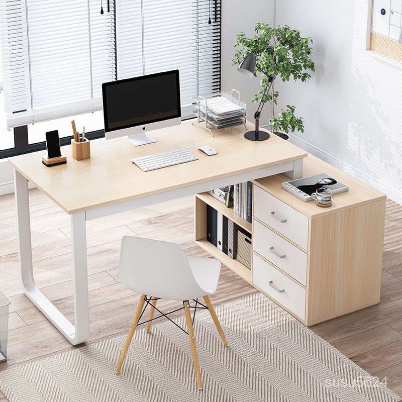 A01電腦桌轉角原木紋暖白色140*100*75cm簡約l型書桌書櫃一體帶抽屜書桌書架組合 書桌 電腦桌 學習桌 寫字桌