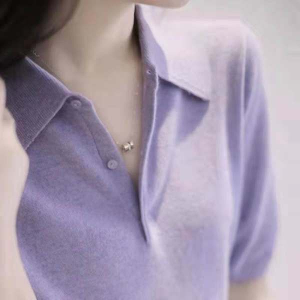 中袖上衣 女裝 polo領氣質顯白紫色短袖冰絲針織衫T恤衫A1798  TBF-19A衣時尚