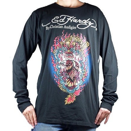 Ed Hardy 長袖 T 恤 彩鑽 火焰 龍 老鷹 刺青潮牌 美式設計 黑色 M 【以靡正品 imy88】