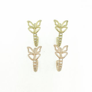 韓國 抗敏電鍍 C字型 水鑽 蝴蝶 造型 金色 玫瑰金 耳針式耳環