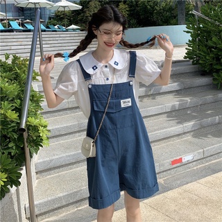 夏季套裝女學生韓版寬鬆刺繡襯衫 休閒背帶短褲兩件套