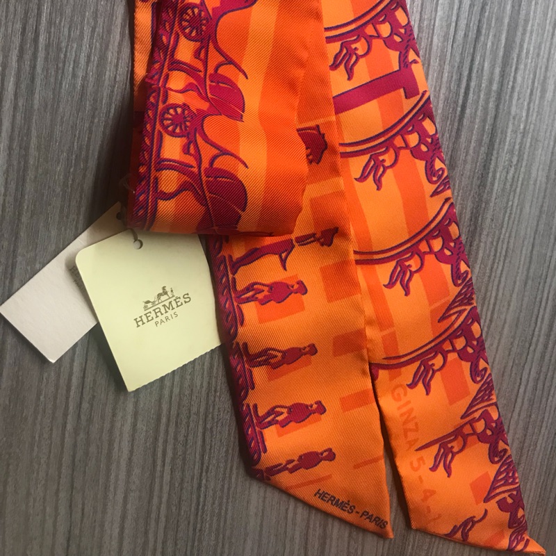Hermes 愛馬仕銀座限定版橘色馬兒h Logo Twilly 全新單條附圓筒 蝦皮購物