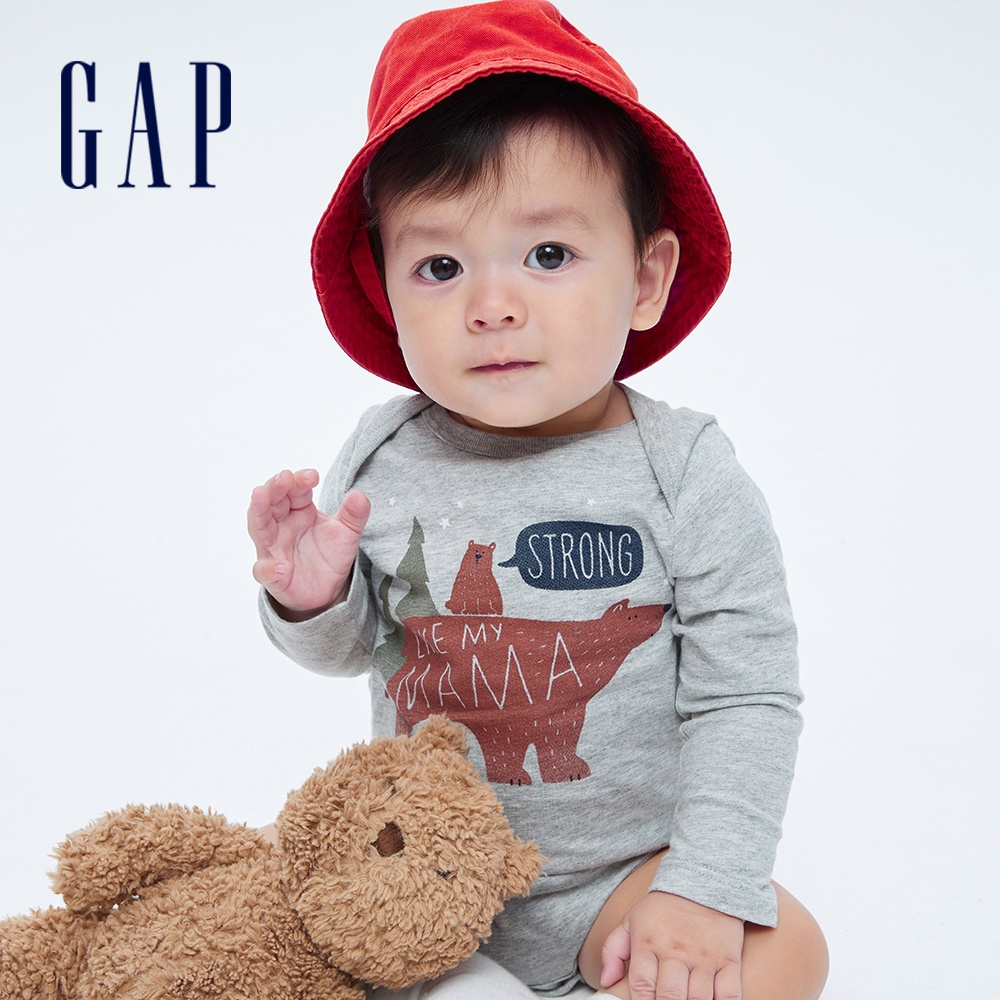 Gap 嬰兒裝 純棉印花信封領包屁衣 布萊納系列-灰色(729862)
