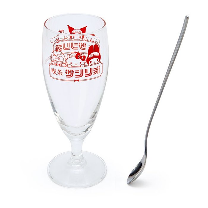 Sanrio大集合 冰沙杯 透明玻璃杯 日本製 玻璃矮腳杯 附匙  漂浮汽水杯 聖代杯 點心杯 汽水杯 果汁杯
