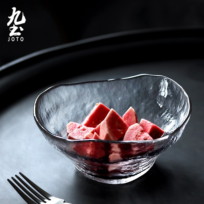 九土日式不規則玻璃沙拉碗錘紋玻璃碗水果甜品冷麵碗碟大號創意家用碗玻璃沙拉碗家用碗西餐碗冷麵碗蔬菜碗濃湯碗CJR0435