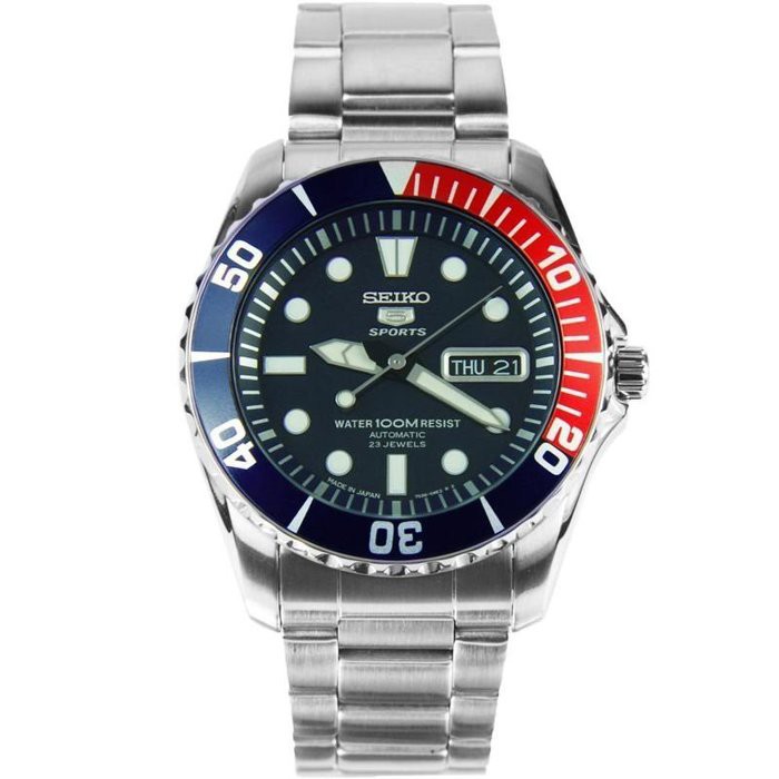 SEIKO WATCH 精工全日本製鋼殼膠帶100米藍紅框寶藍面潛水夫專用錶 型號：SNZF15J1