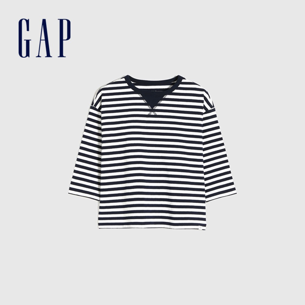 Gap 男童裝 純棉質感七分袖T恤 厚磅密織系列-藍白條紋(758972)