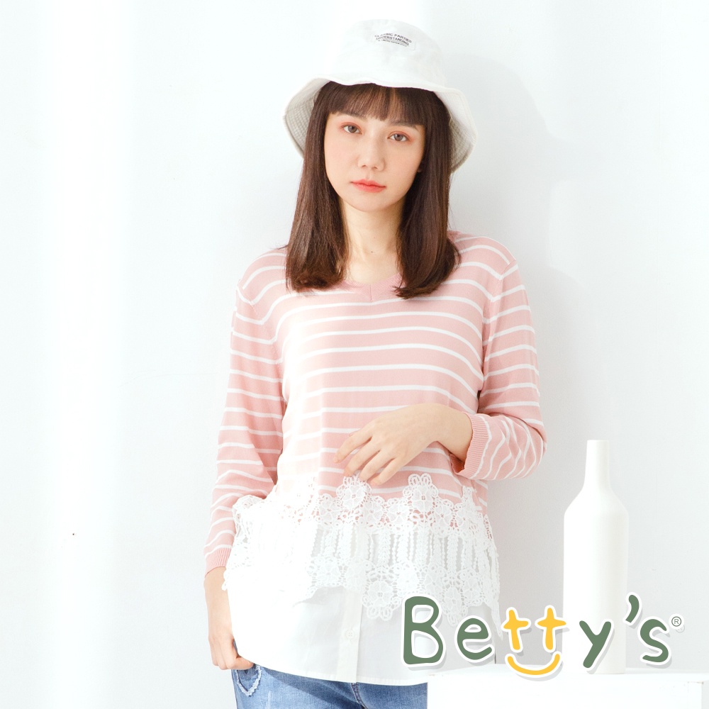 betty’s貝蒂思(11)條紋拼接蕾絲七分袖針織衫 (粉色)