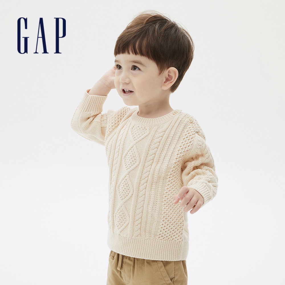 Gap 嬰兒裝 氣質絞花織紋針織衫-米白色(592870)