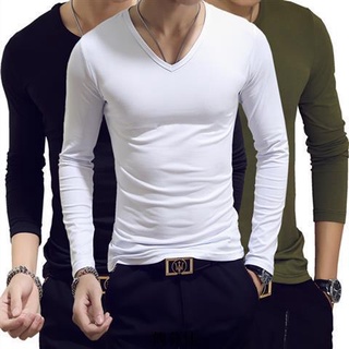 【簡暮佳】薄長款T恤S-5XL 春秋冬季男士V領男生內衣莫代爾秋衣單件上衣男長袖緊身打底衫超薄款 寬鬆大尺碼運動長袖內衣
