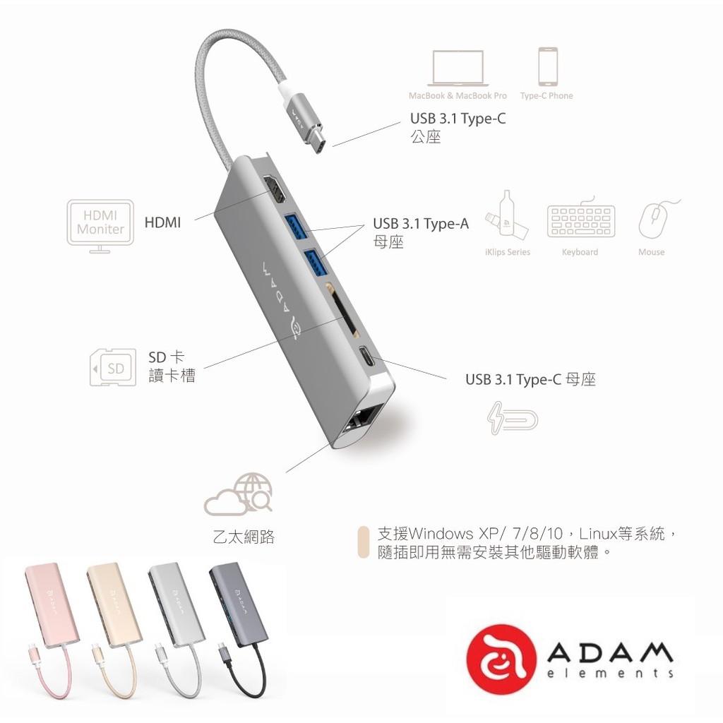 Adam亞果元素 CASA Hub A01 / A01s USB 3.1 Type C 6 Port 多功能集線器