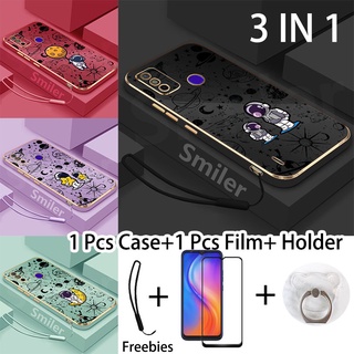 3 合 1 Tecno Spark 6 Go(KE5j) 金色電鍍掛繩手機殼帶鋼化玻璃曲面陶瓷螢幕保護膜和支架矽膠軟印花