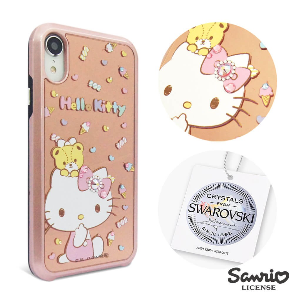 三麗鷗 Kitty iPhone XR 6.1吋施華彩鑽全包鏡面雙料手機殼-童趣凱蒂
