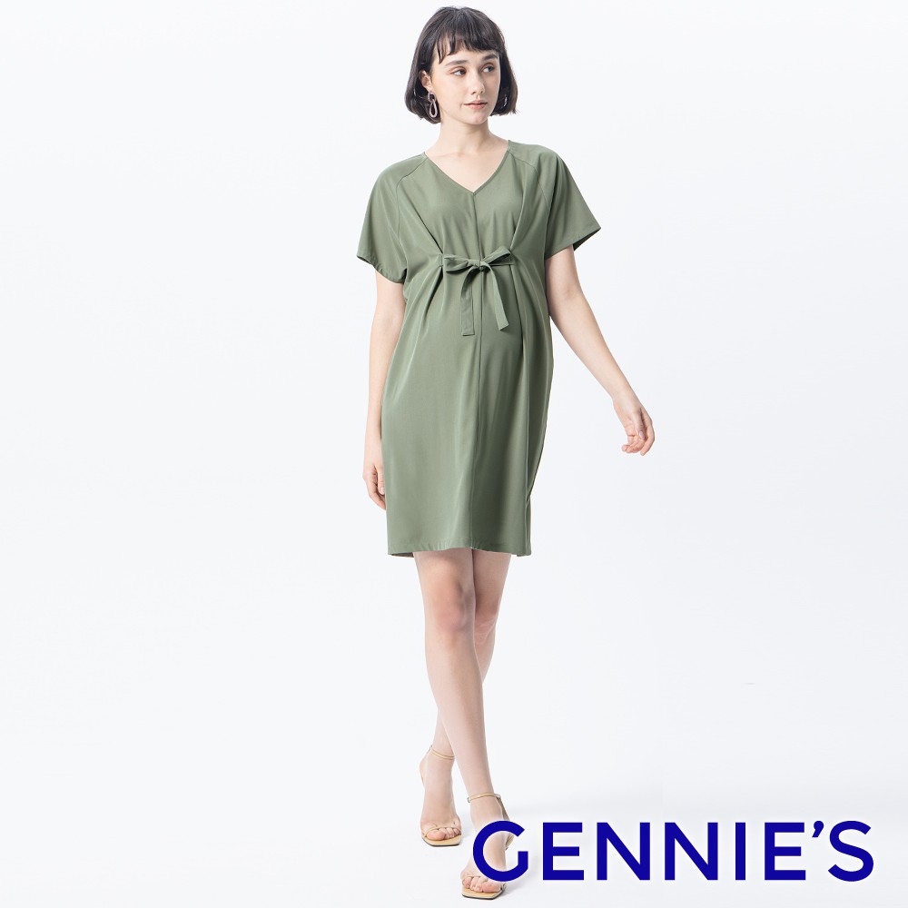 【Gennies 奇妮】優雅連袖孕婦洋裝-綠(T1L16)