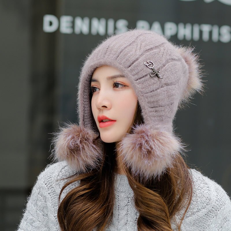 冬季新款羊毛帽子女&amp;39年代帽子針織帽保暖護耳帽純色簡約豆豆女帽