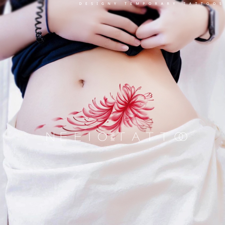 原創唯美彩繪永夜彼岸花刺青貼紙手繪紅色性感風曼珠沙華大圖紋身貼紙腰腹鎖骨遮疤痕花朵多圖防汗防水耐貼持久不掉色女