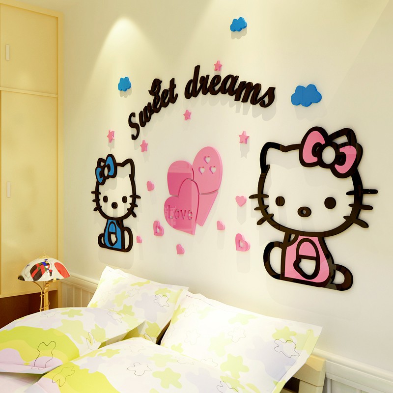 Hellokitty貓亞克力3d立體墻貼兒童房臥室幼兒園墻面裝飾壁紙貼畫