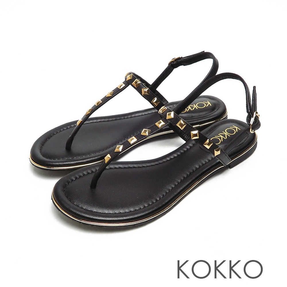 KOKKO慵懶時尚鉚釘T字夾腳繫帶涼拖鞋黑色