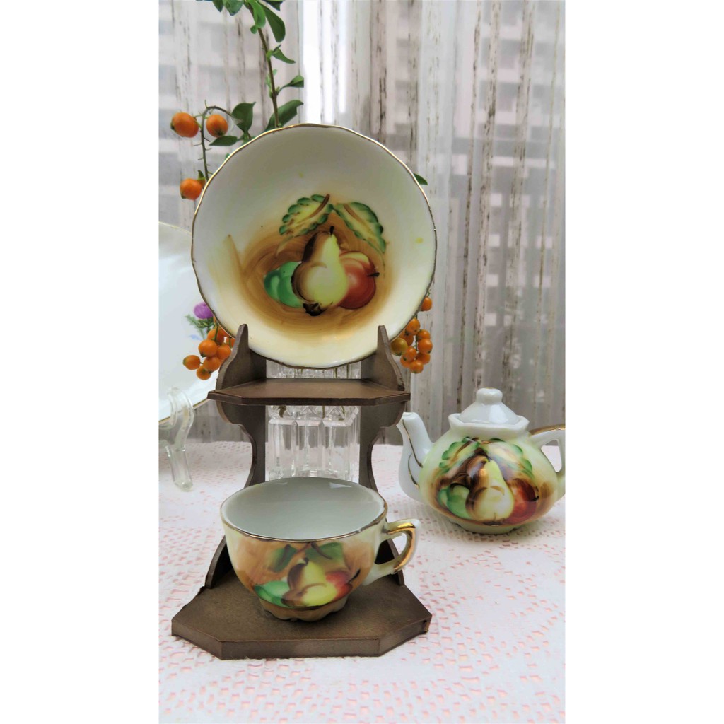 紫丁香歐陸古物雜貨♥日本製 古董 royal geisha 手繪水果圖案杯盤及茶壺以及架子組合