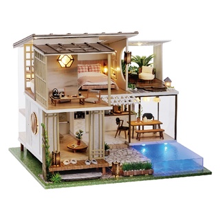 【臺灣現貨|素雅恬靜】智趣屋大型小屋雙層別墅 帶游泳池 玄關 開放式廚房 袖珍屋 返璞歸真 素色藝術屋 模型屋 拼裝模型