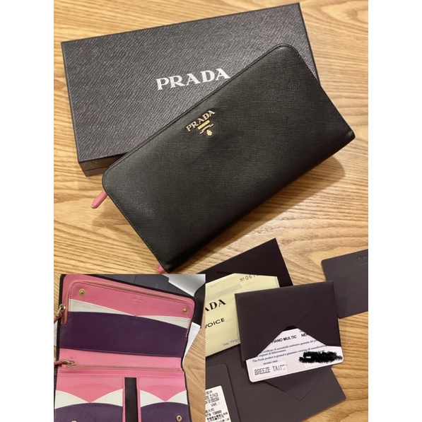 Prada 二手 黑色長夾 皮夾 台灣微風專櫃購入 *含收據和商品卡和紙盒* 粉桃紅內層搭配紫色白色