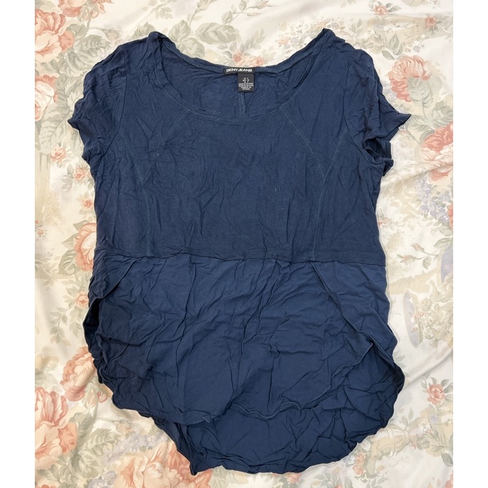 DKNY JEANS 深藍色大圓領混質造型短袖上衣 尺寸S 偏大版二手衣