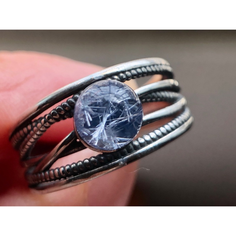 天然水晶 藍髮晶 藍線石 個性款純銀戒指