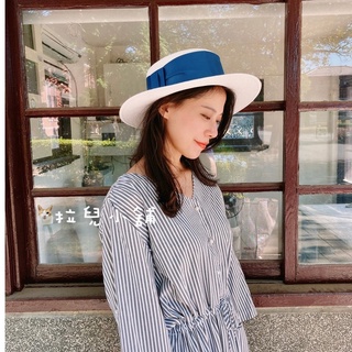 「拉兒小舖」台灣出貨- 法式優雅 度假風 平頂式 氣質 編織 緞帶蝴蝶結草帽