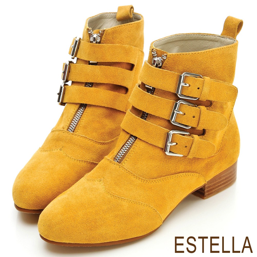 ESTELLA-全真皮三釦環帶拉鍊短靴-黃