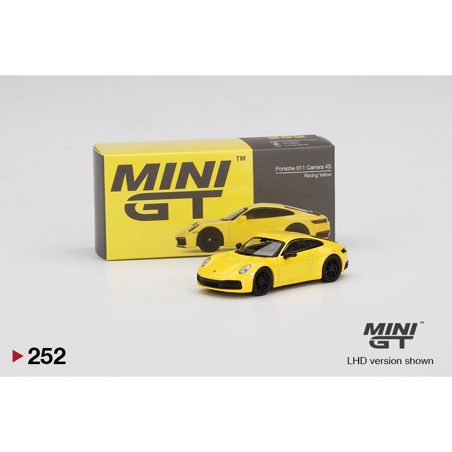 (優質橡膠輪) 迷你 GT 模型車 (No252) 保時捷 911 Carrera 4S 賽車黃色 1: 64 (新)