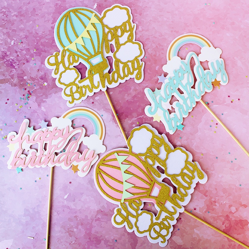 新款;-)現貨蛋糕裝飾 天空熱氣球雲朵 彩虹創意 happybirthday蛋糕插牌插件