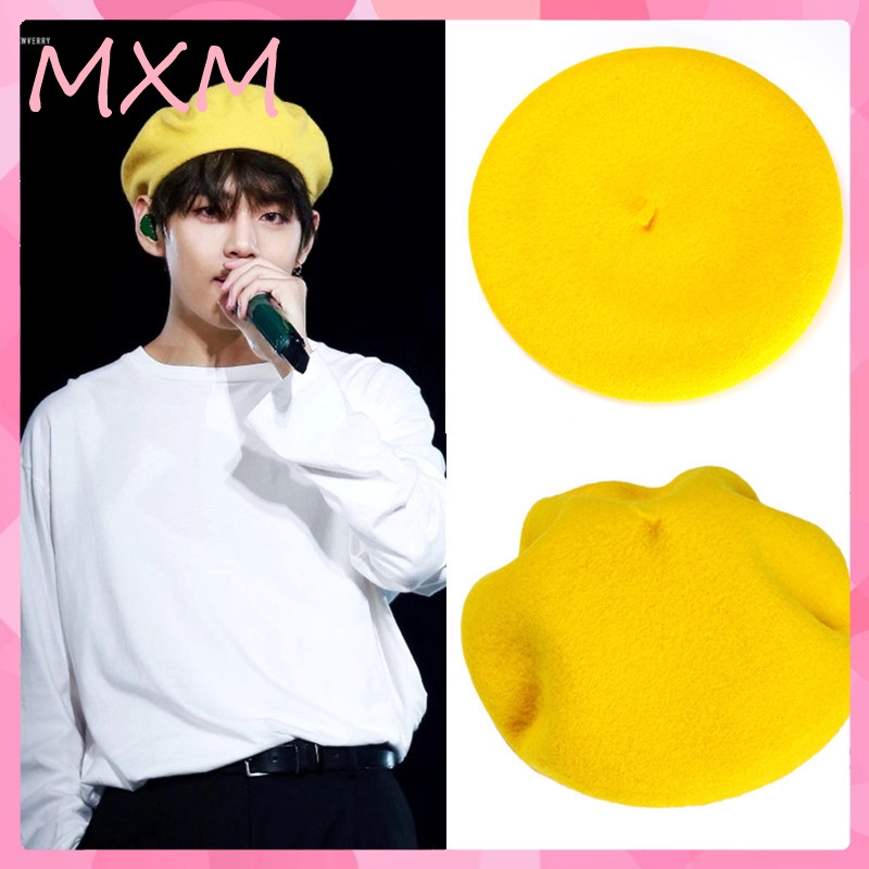 Mxm Bts 防彈少年團貝雷帽金泰亨v 周邊同款毛帽帽子韓版黃色毛呢帽男女秋冬 蝦皮購物