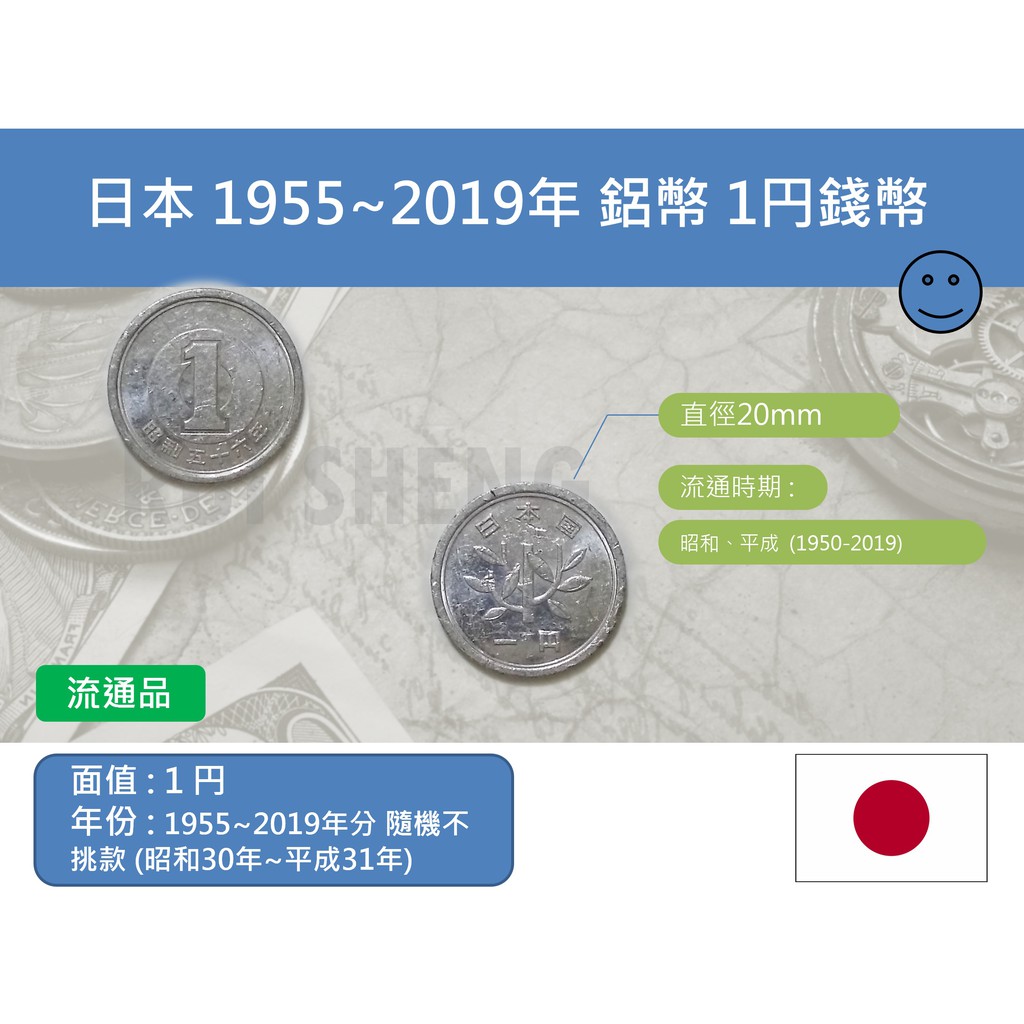 (硬幣-流通品) 亞洲 日本-昭和、平成 1955~2019年分隨機不挑款 鋁幣 1円錢幣