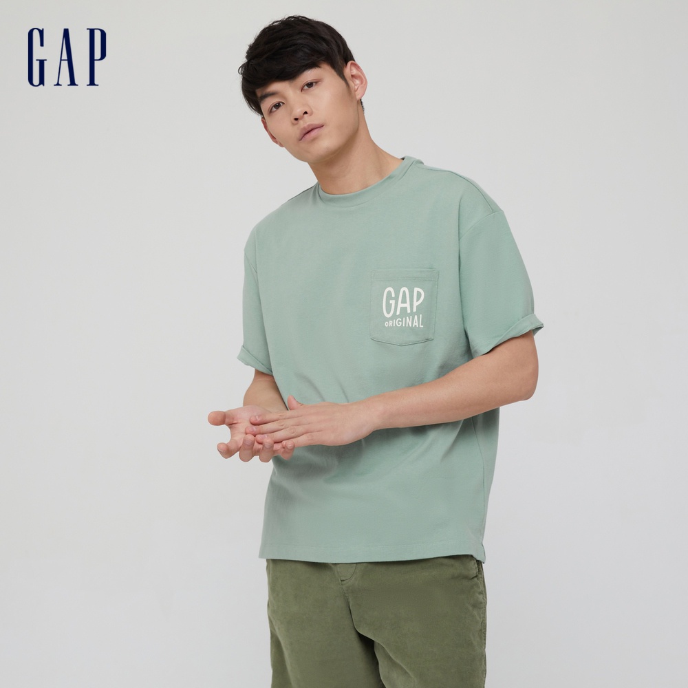 Gap 男女同款 Logo純棉圓領短袖T恤 厚磅密織系列-綠色(705488)