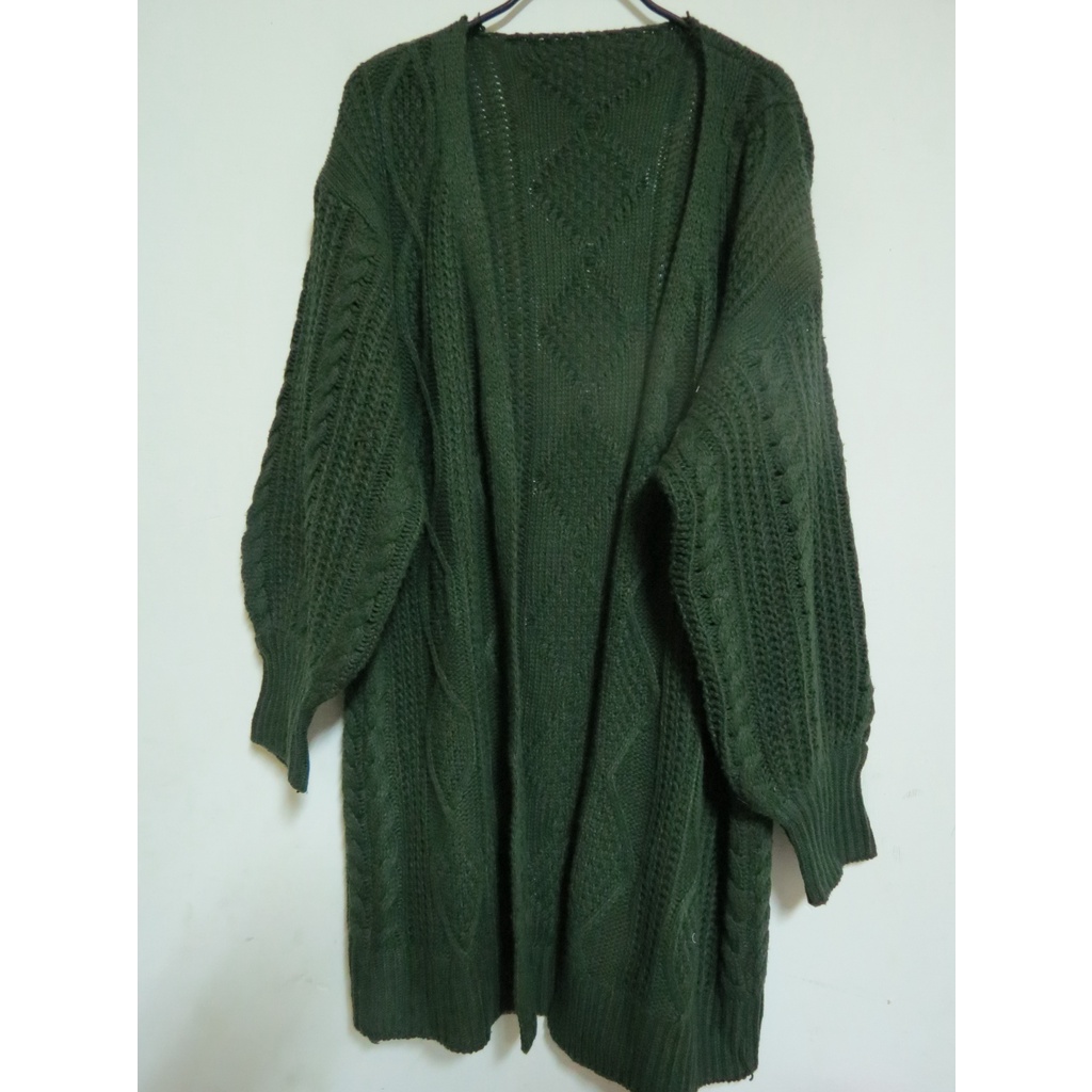 開襟 澎澎袖 寬鬆 長版 針織 毛衣外套 綠 大尺碼可
