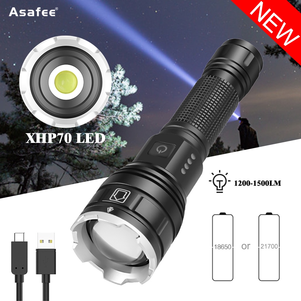 Asafee 1200-1500 流明 1230 XHP70 LED 手電筒推入開關伸縮變焦使用 21700 / 186