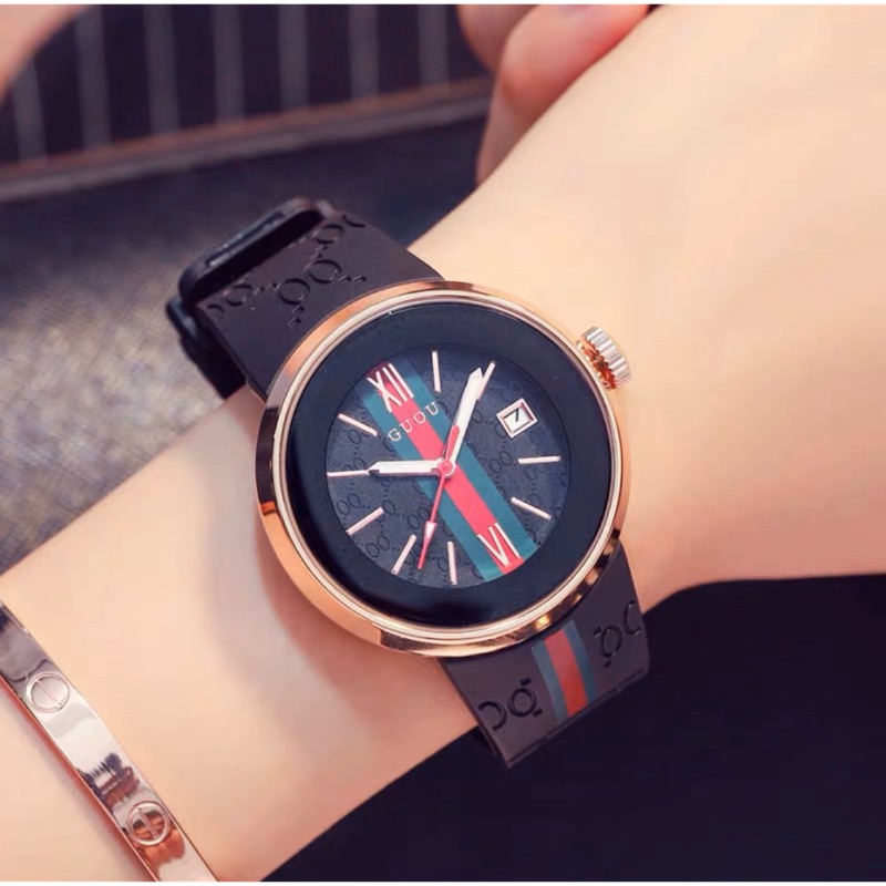 香港品牌guou潮流矽膠錶帶大鏡面女錶
