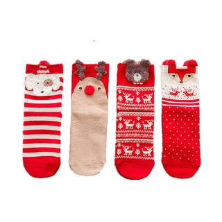大唐襪業 D658秋冬卡通聖誕中筒襪子女 立體直板襪大紅麋鹿款女襪交換禮物