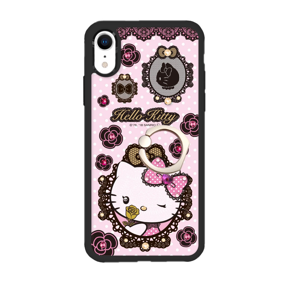 三麗鷗 Kitty iPhone XR 6.1吋施華彩鑽減震指環扣手機殼-蕾絲凱蒂