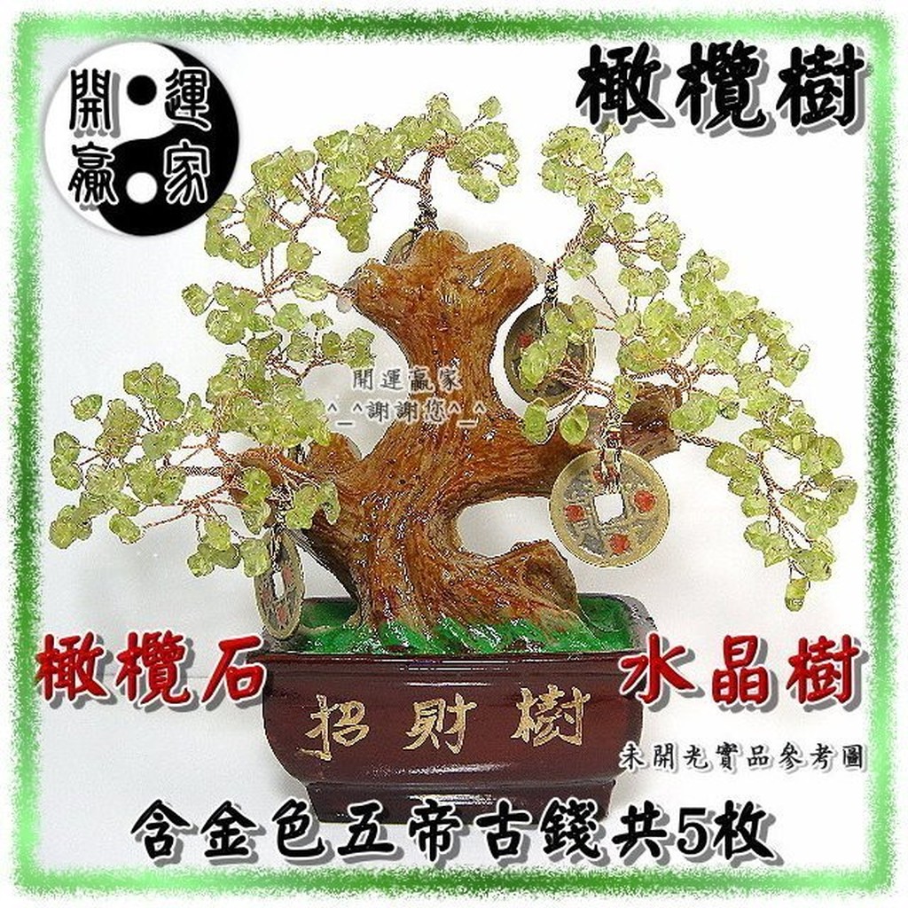 ◎開運贏家◎Y016【發財樹/招財樹/橄欖碎石水晶樹+金色五帝錢/一顆】招正財/助求職運/提升工作運/聚財納財《含開光》