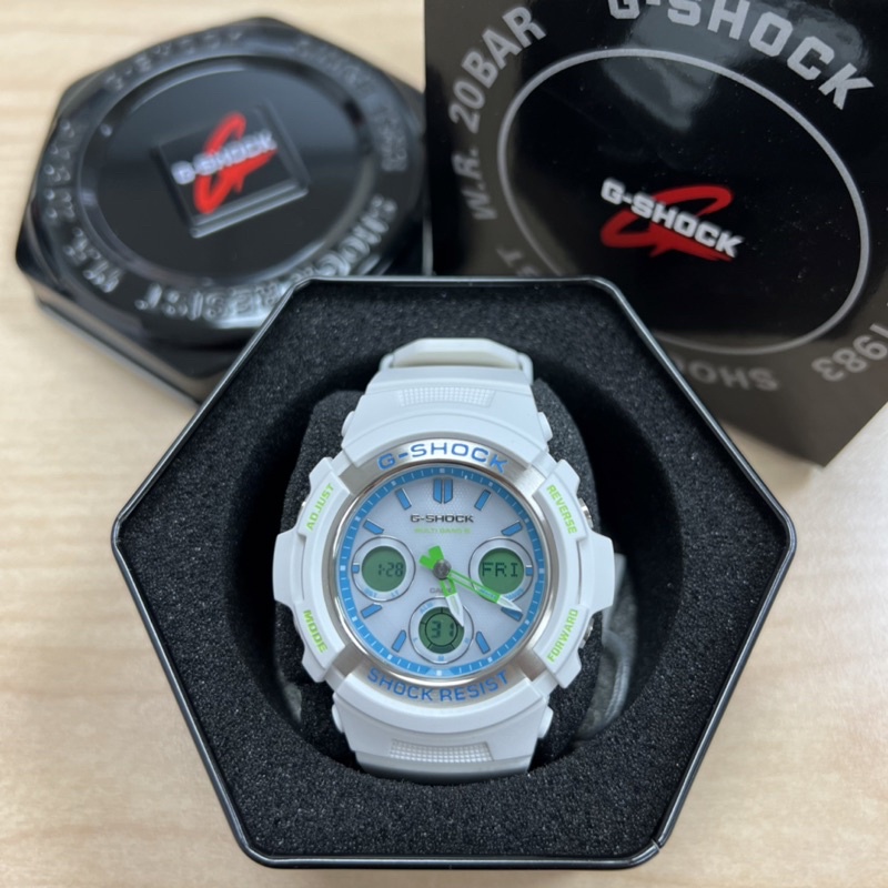 全新公司貨 G-SHOCK 白色太陽能電波橡膠運動錶 電波錶 AWG-M100SWG-7ADR 白x藍 手錶 防水