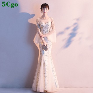 5Cgo【鴿樓】香檳色圓領年會晚禮服裙女新款宴會氣質長袖氣場女王主持人長款魚尾亮片 608624081766