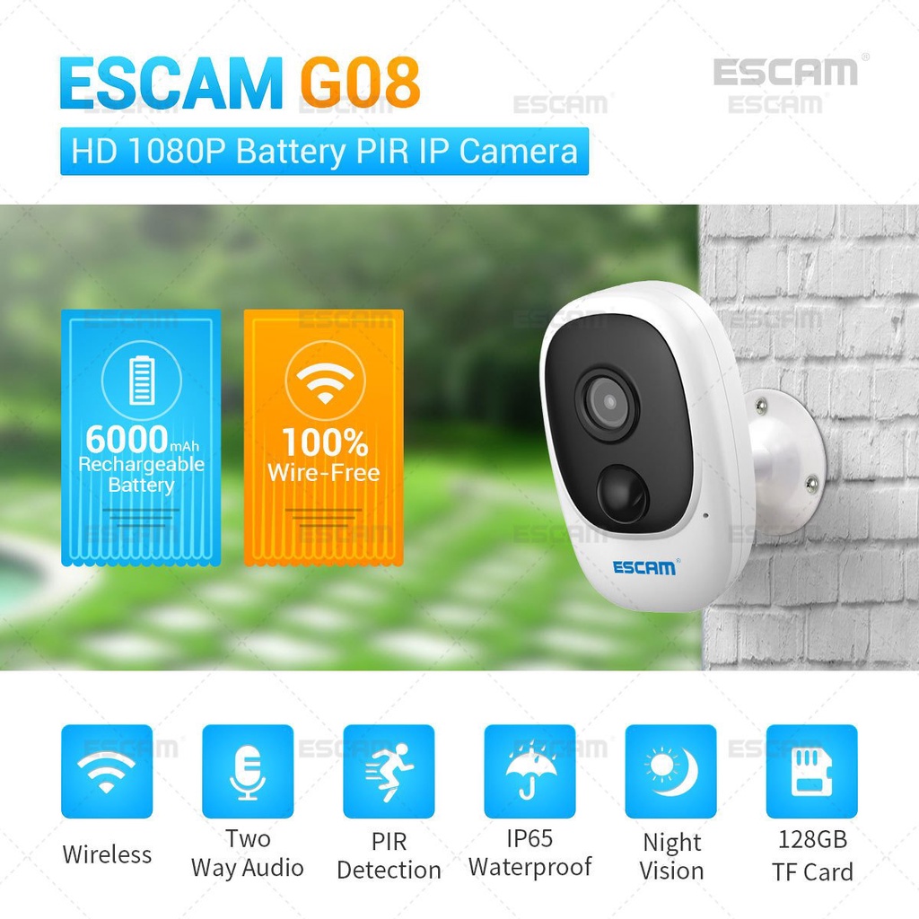 ESCAM G08 1080P全高清室外室內可充電電池PIR警報WiFi攝像機