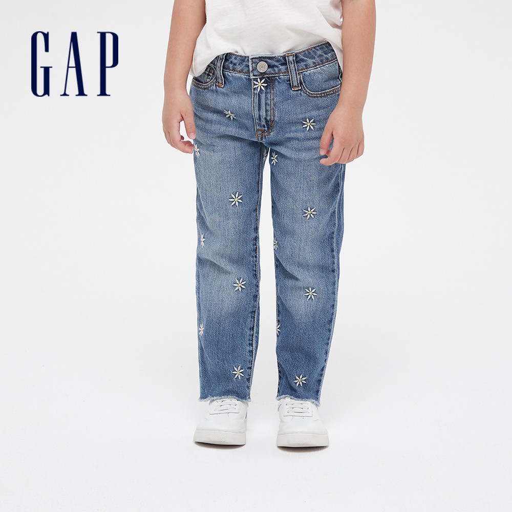 Gap 女童裝 可愛刺繡修身牛仔褲-水洗藍(609847)