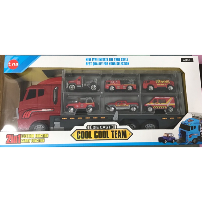 紅色貨櫃車&amp;迷你合金消防7件套 合金玩具小汽車 消防玩具 儲物貨櫃車 收納車隊