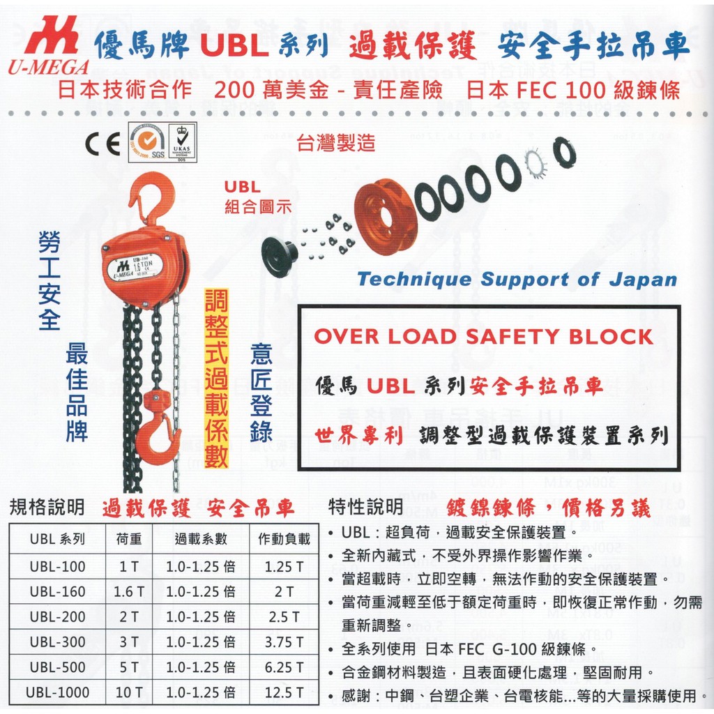 U-MEGA優馬牌 UBL系列 過載保護 安全手拉吊車 鍊仔猴 鏈仔猴 手拉車 價格請來電或留言洽詢
