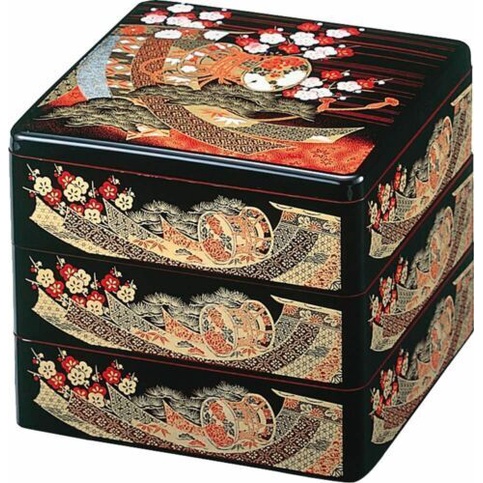 傳統的 重箱 便當 容器 年菜 優雅的黑色花在日本