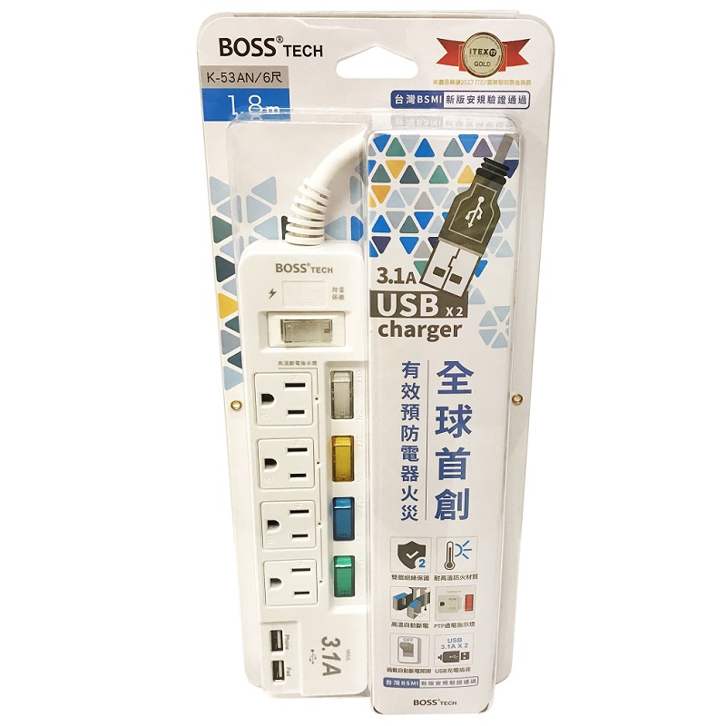 BOSS 5開4插3P高溫斷電USB延長線1.8米 K-53-1PC個【家樂福】