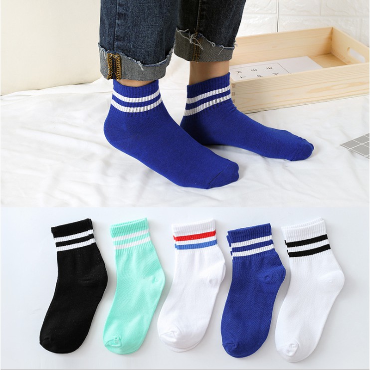雙槓滌棉中筒襪（黑底雙白槓、綠底雙白槓）／雙槓運動襪 兩條槓中統襪