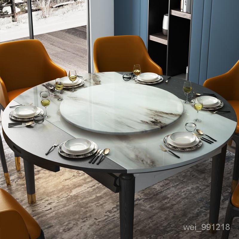 輕奢新款家用玻鋼石餐桌家用吃飯大園桌鋼化玻璃圓形旋轉酒店定制 kZ0e